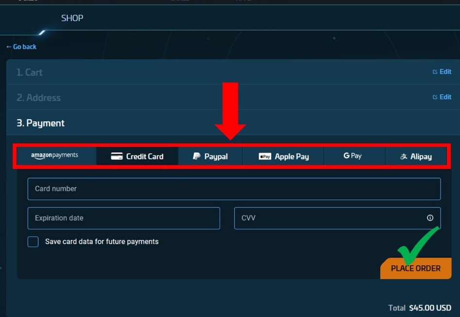 Click 'Place Order' to complete payment